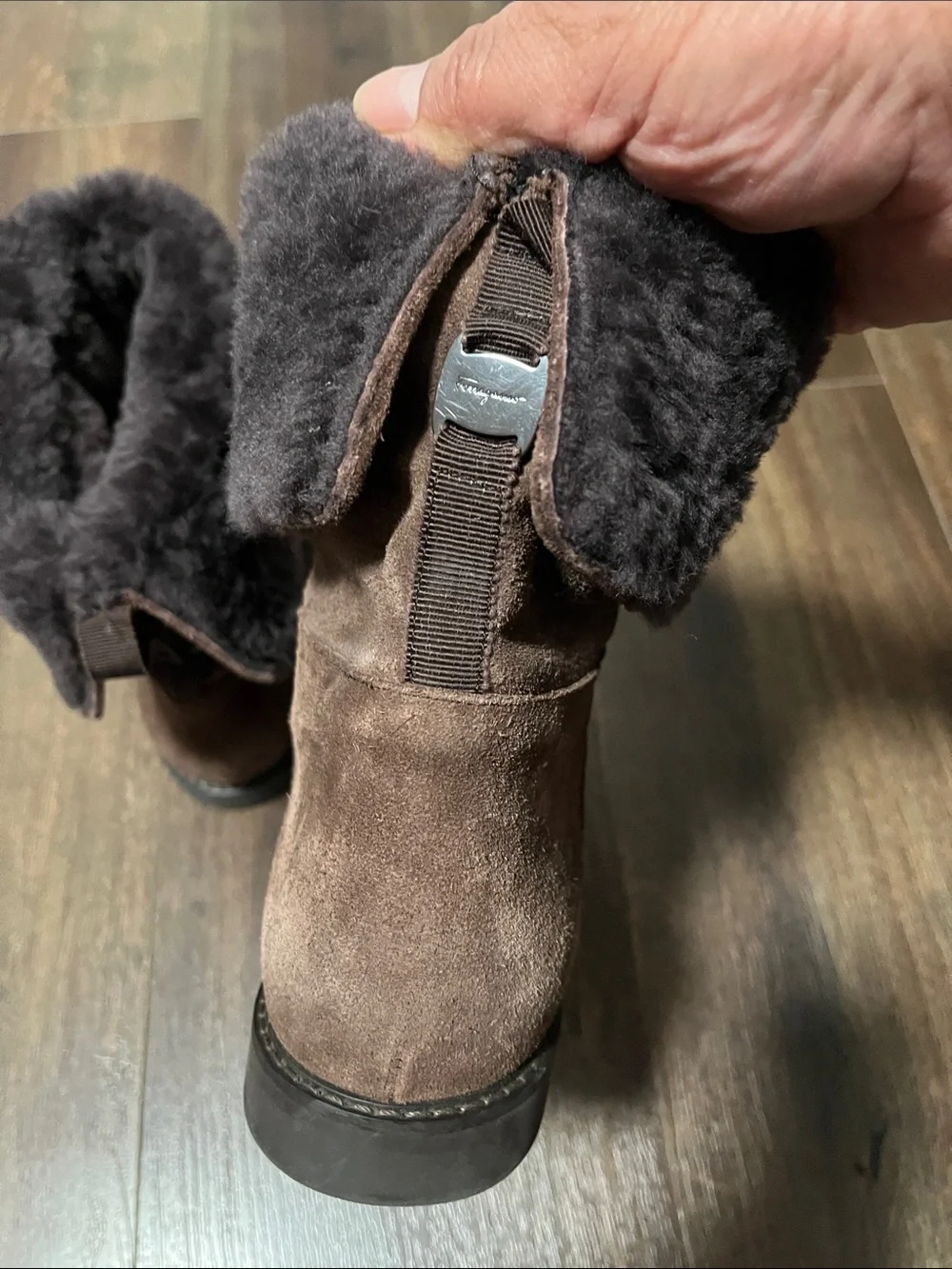 Salvatore Ferragamo Women’s snow  Brown Suede Faux-Fur Cuff Ankle Boots